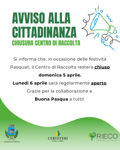 Chiusura CDR domenica 5 aprile